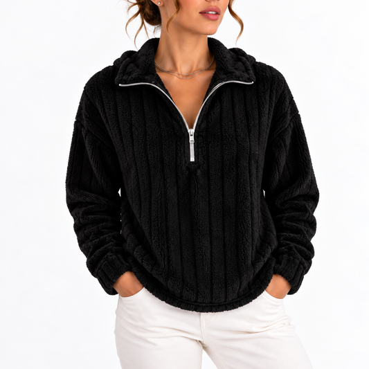 Ribbed Half Zip Fleece Sweatshirt - Women's Pullover