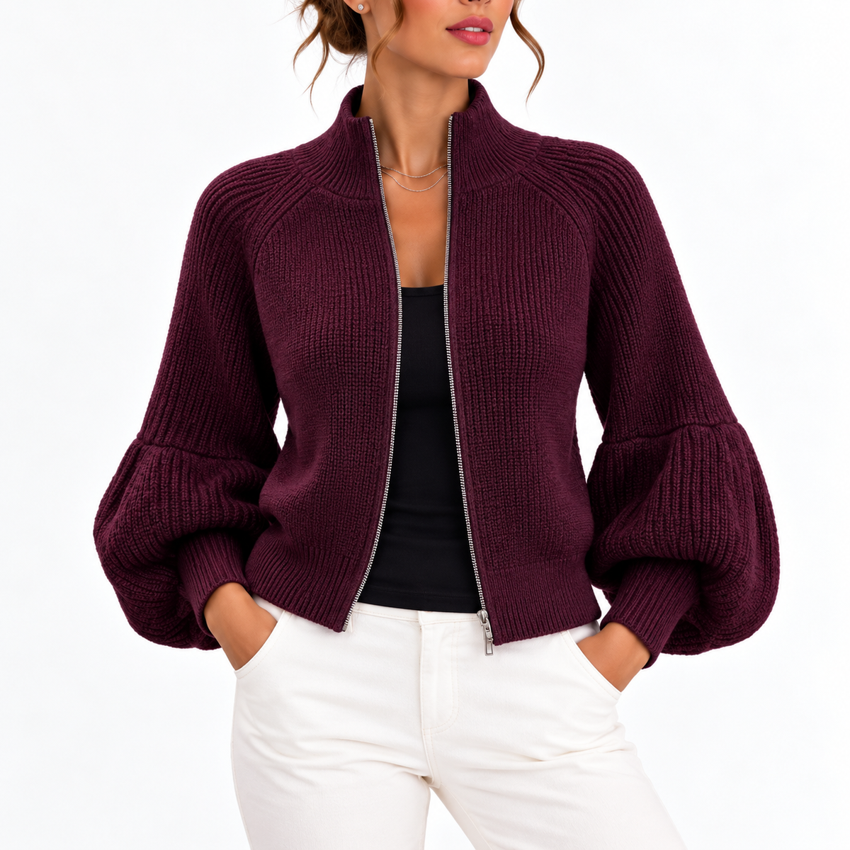 Cropped Knit Cardigan - Puff Sleeve High Collar Women's