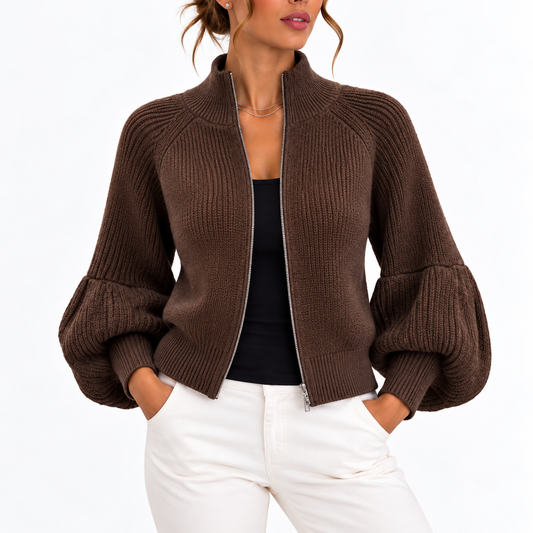 Cropped Knit Cardigan - Puff Sleeve High Collar Women's