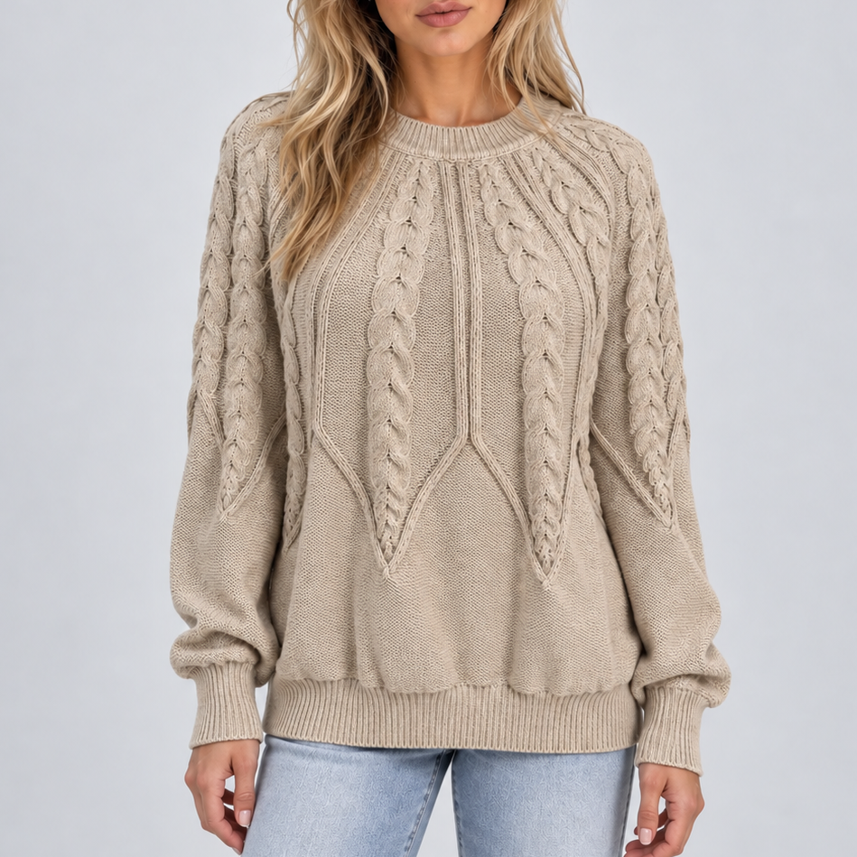 Cable Knit Crew Neck Sweater - Balloon Sleeve Women's