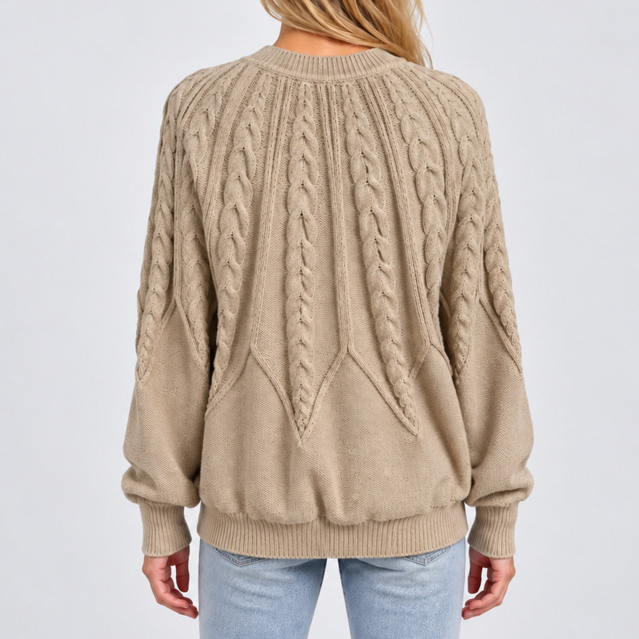Cable Knit Crew Neck Sweater - Balloon Sleeve Women's