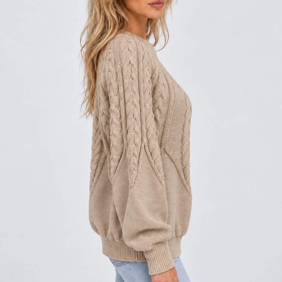 Cable Knit Crew Neck Sweater - Balloon Sleeve Women's