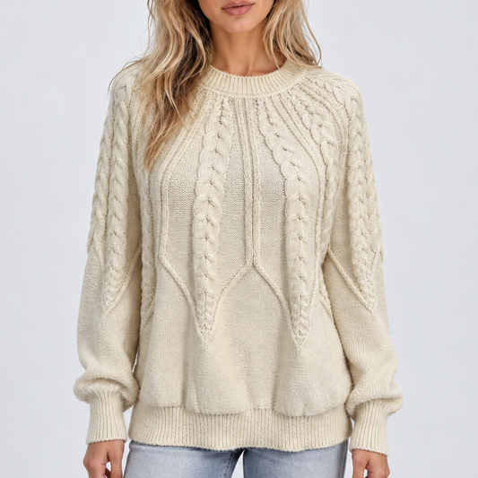 Cable Knit Crew Neck Sweater - Balloon Sleeve Women's