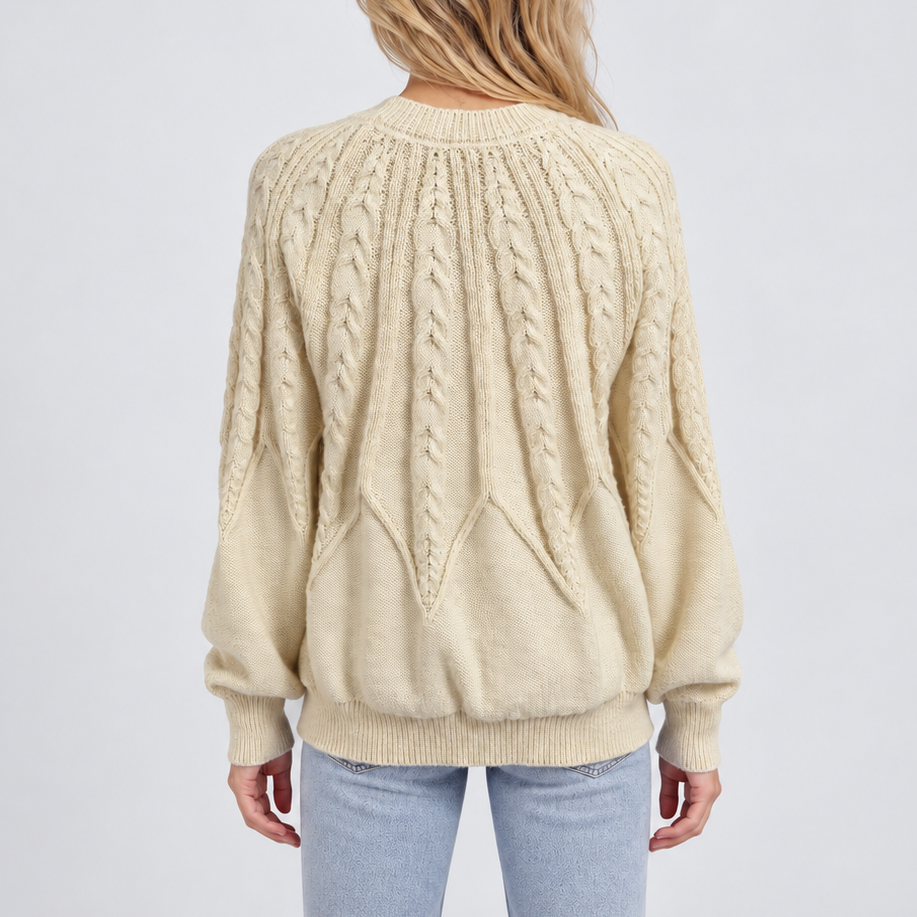 Cable Knit Crew Neck Sweater - Balloon Sleeve Women's