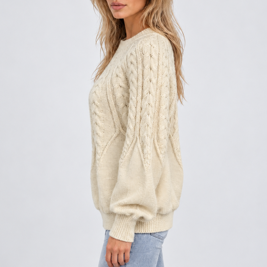 Cable Knit Crew Neck Sweater - Balloon Sleeve Women's