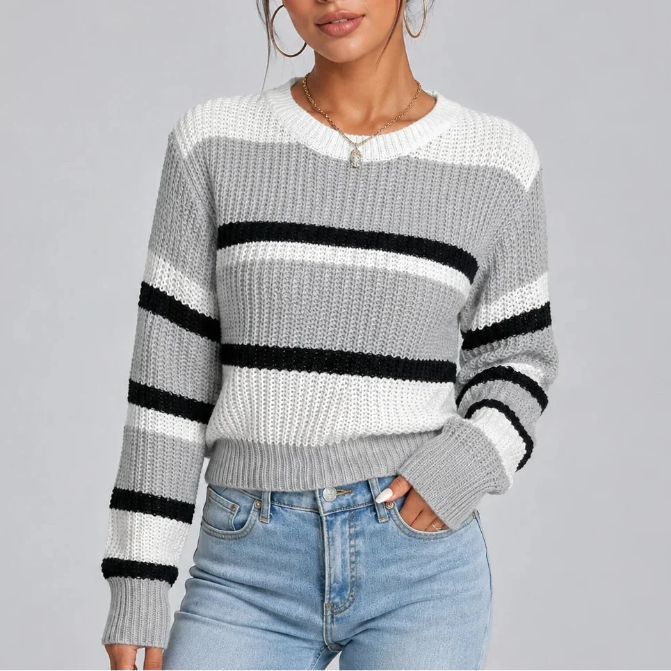 Striped Crew Neck Knitted Sweater - Women's Jumper