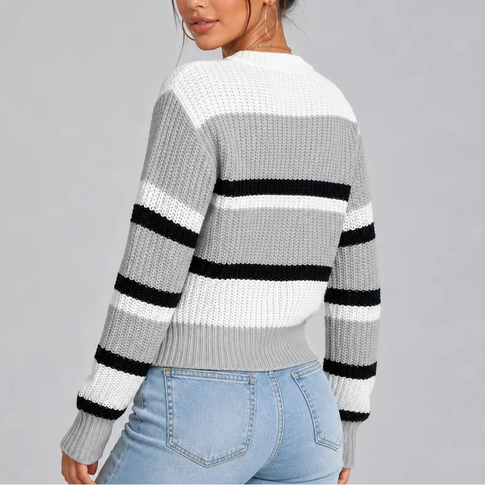 Striped Crew Neck Knitted Sweater - Women's Jumper