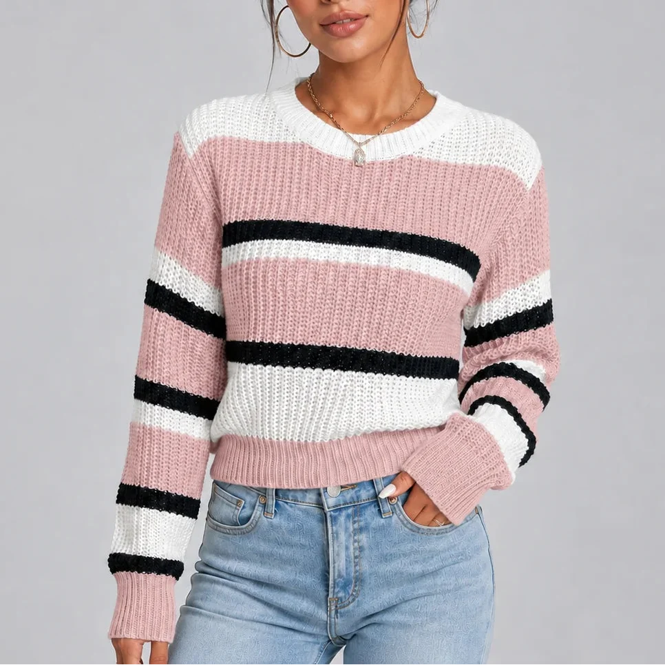Striped Crew Neck Knitted Sweater - Women's Jumper