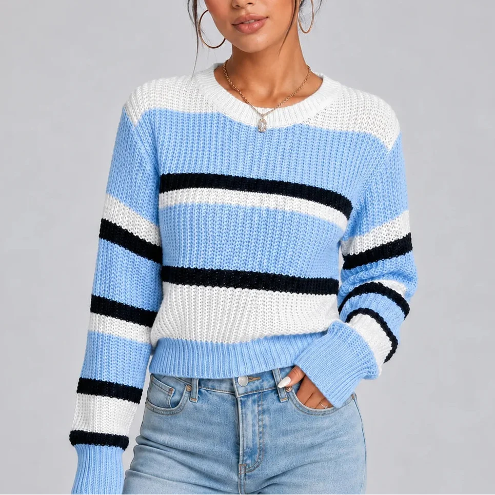 Striped Crew Neck Knitted Sweater - Women's Jumper