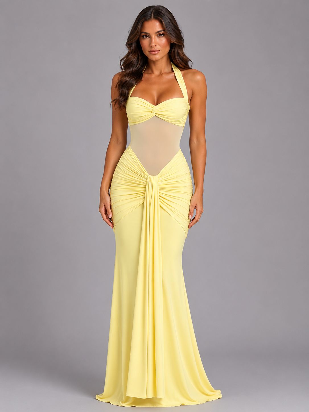 Halter Mesh Maxi Dress - Women's Ruched Occasion Gown
