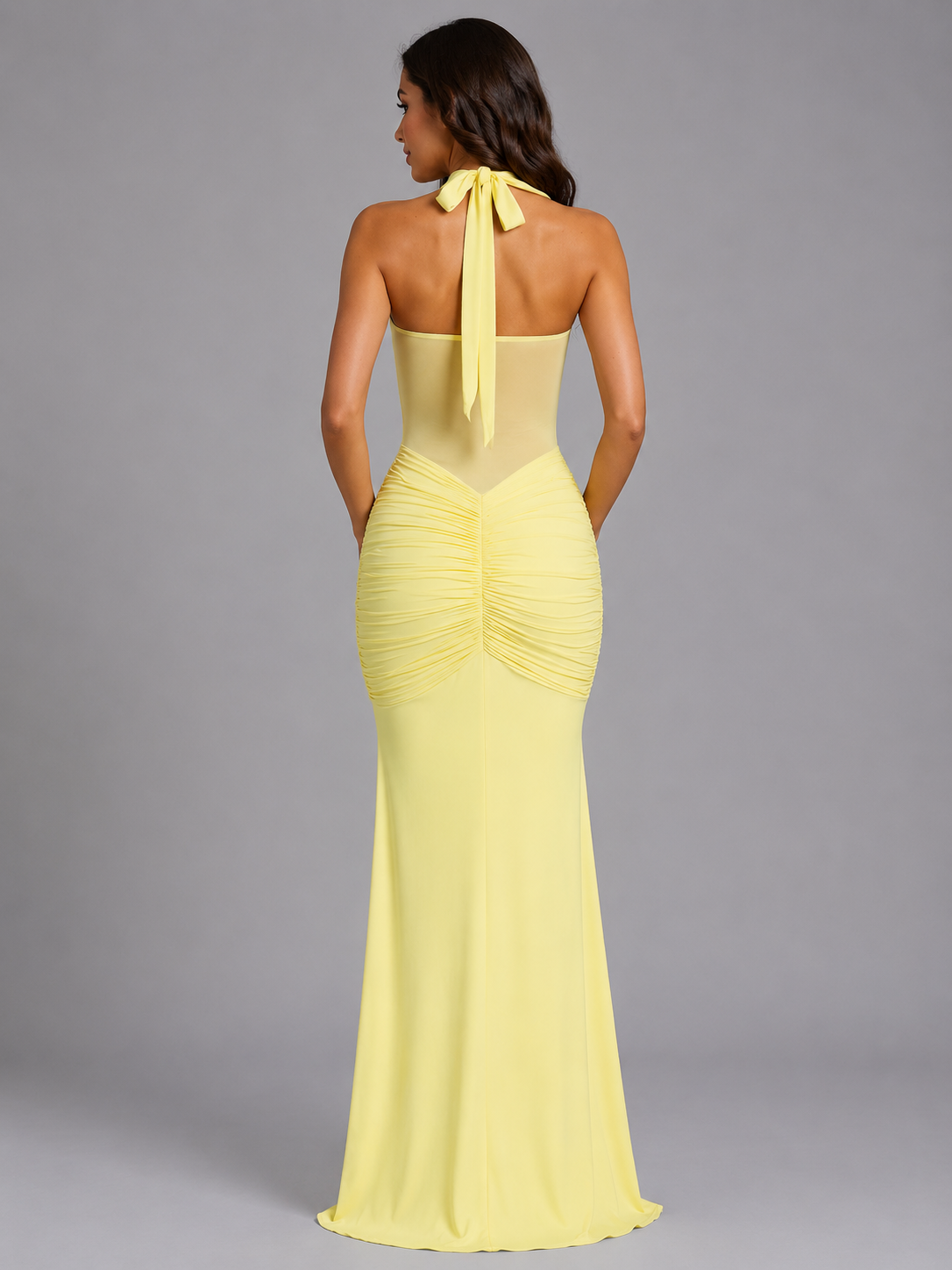 Halter Mesh Maxi Dress - Women's Ruched Occasion Gown
