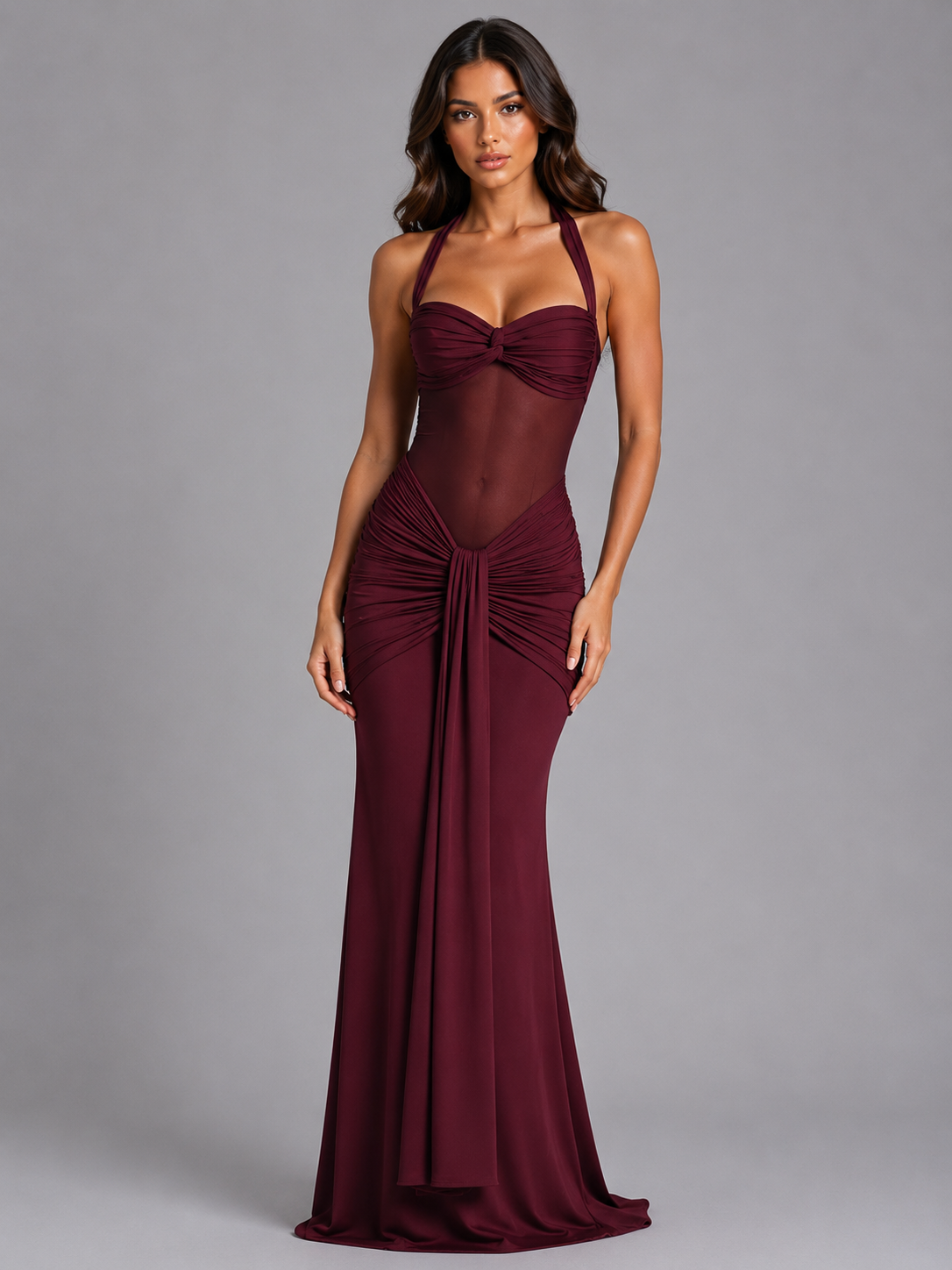 Halter Mesh Maxi Dress - Women's Ruched Occasion Gown