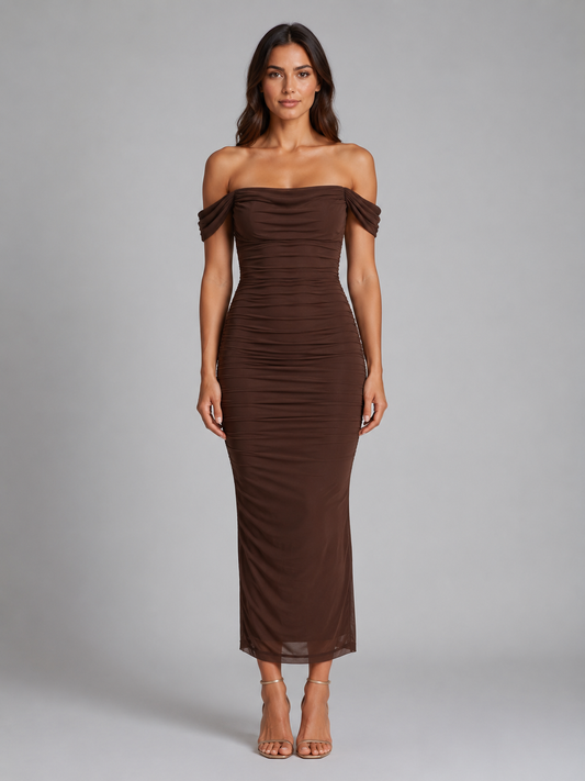 Off-Shoulder Ruched Maxi Dress - Women's Mermaid Gown