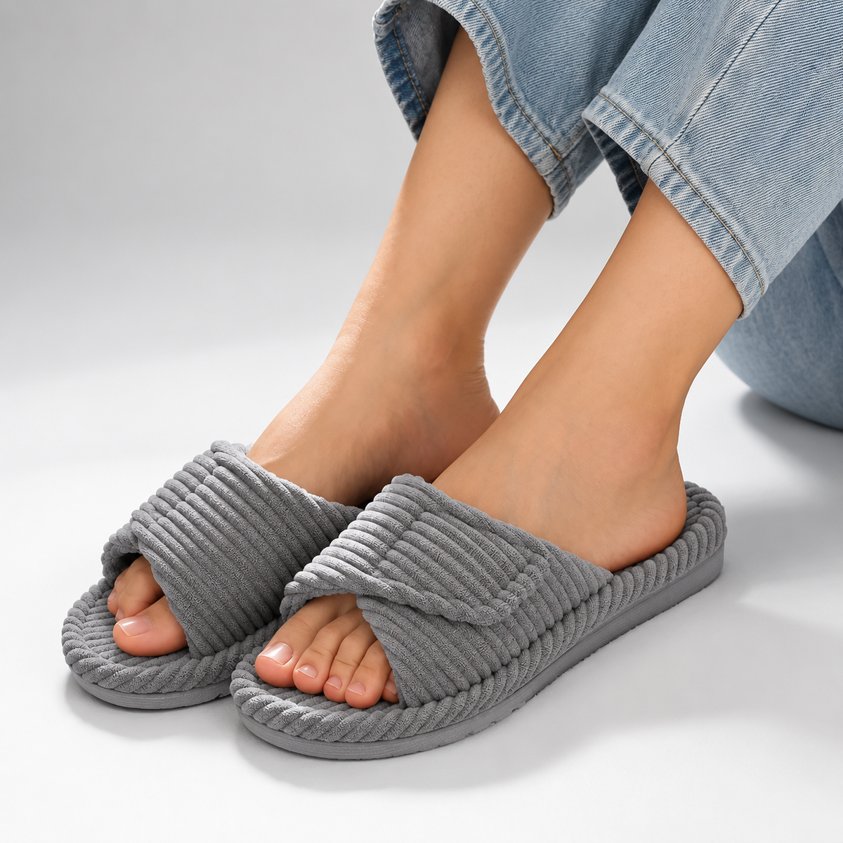 Corduroy House Slippers - Women's Open Toe Comfort Slippers