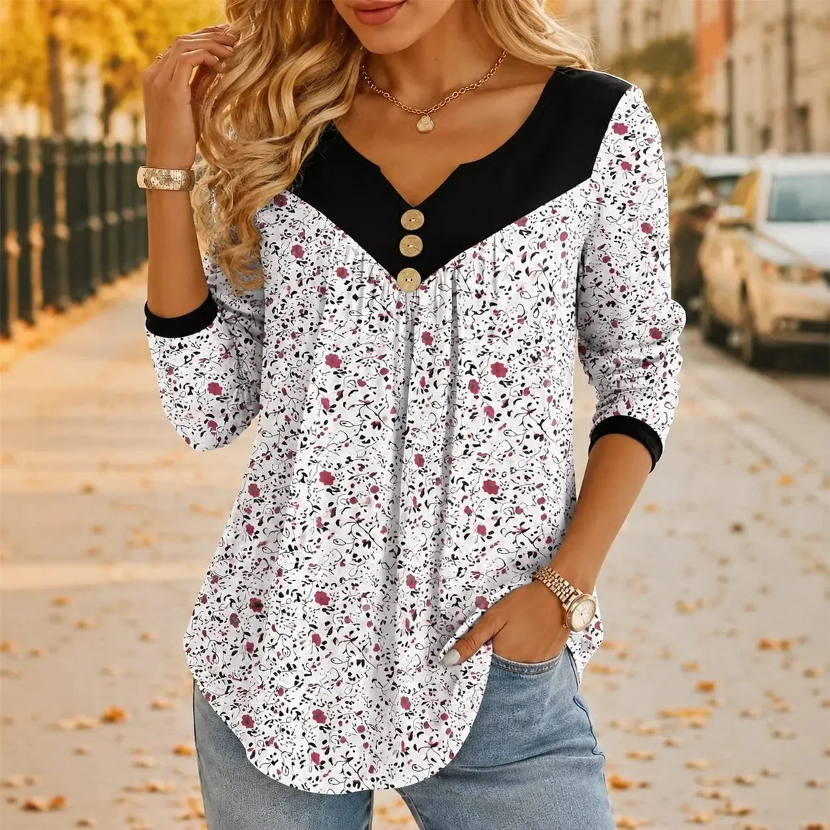 Evelora - Floral V-Neck Tunic Top with Button Yoke