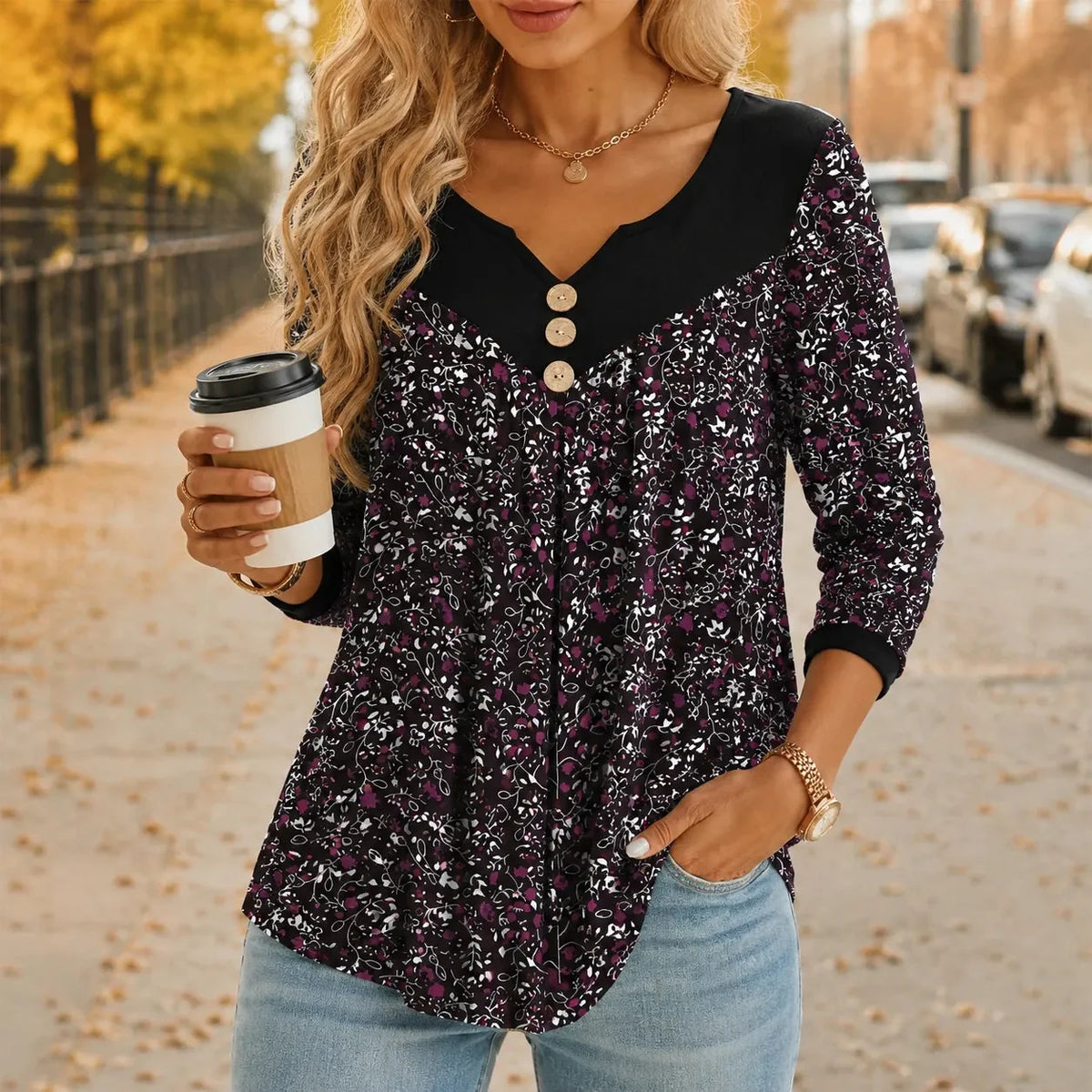 Evelora - Floral V-Neck Tunic Top with Button Yoke