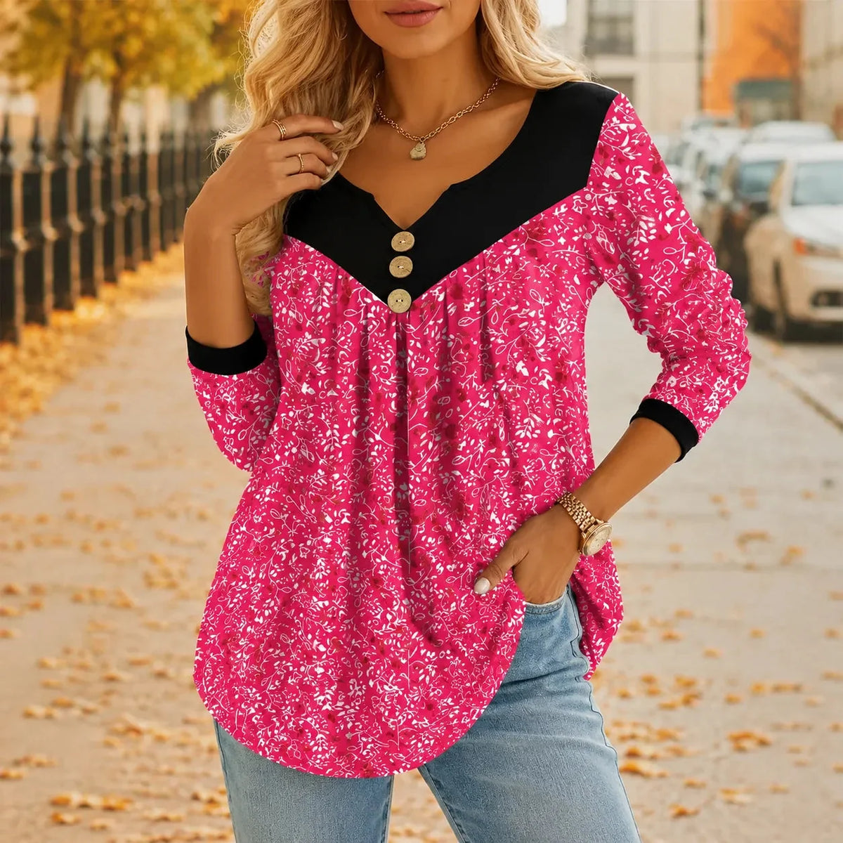 Evelora - Floral V-Neck Tunic Top with Button Yoke