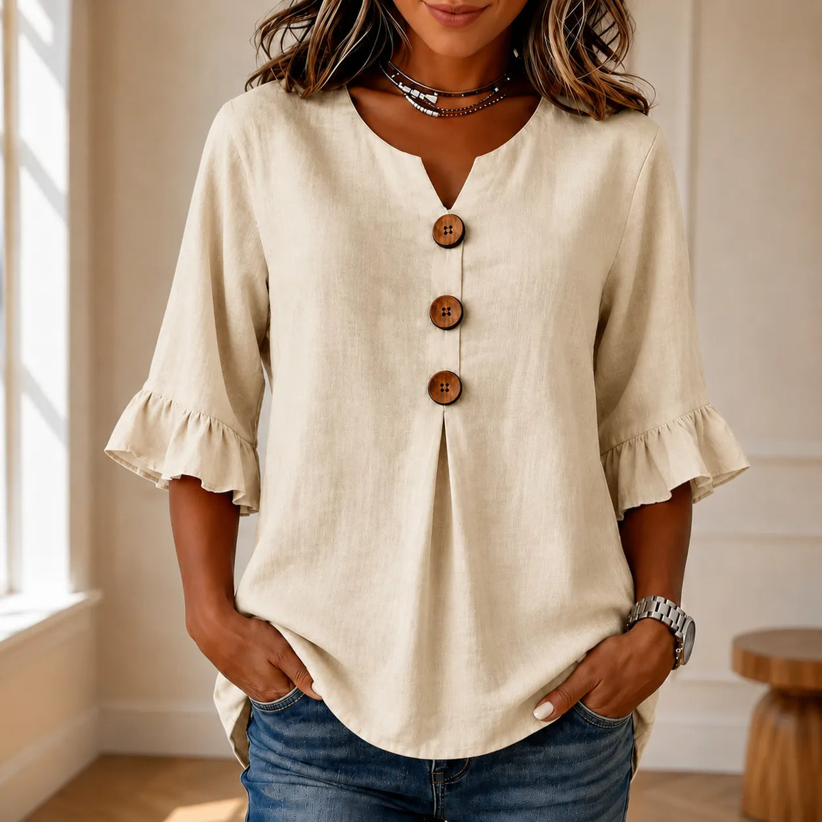 Wearbella - V-Neck Ruffle Sleeve Women's Tunic Top