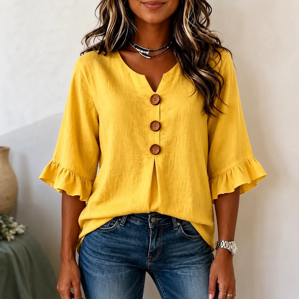 Wearbella - V-Neck Ruffle Sleeve Women's Tunic Top
