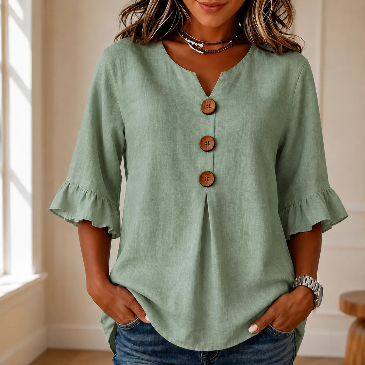 Wearbella - V-Neck Ruffle Sleeve Women's Tunic Top
