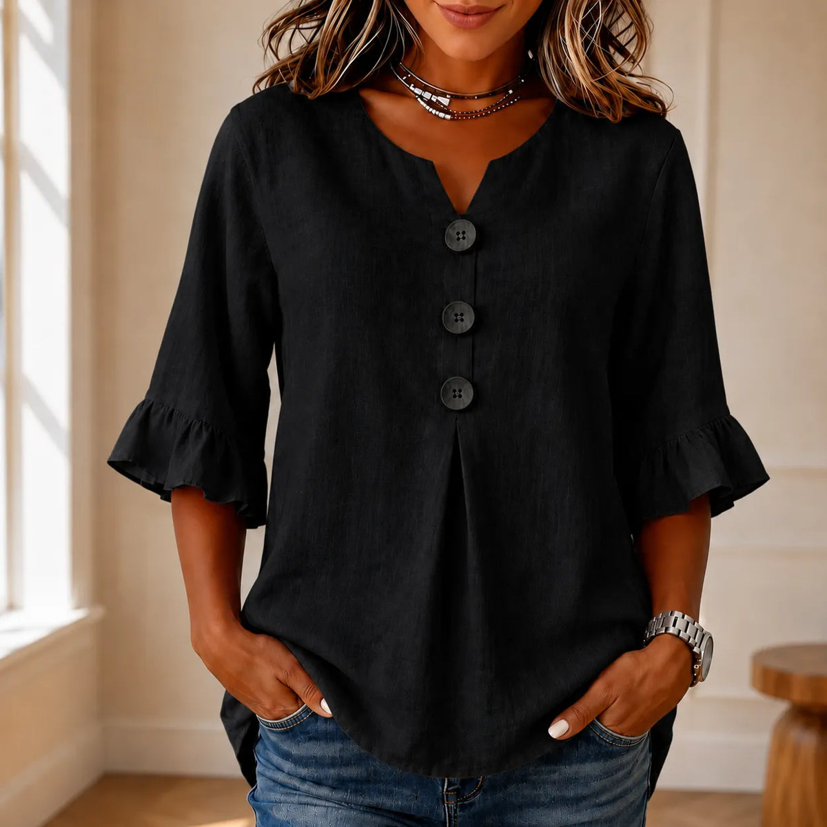 Wearbella - V-Neck Ruffle Sleeve Women's Tunic Top