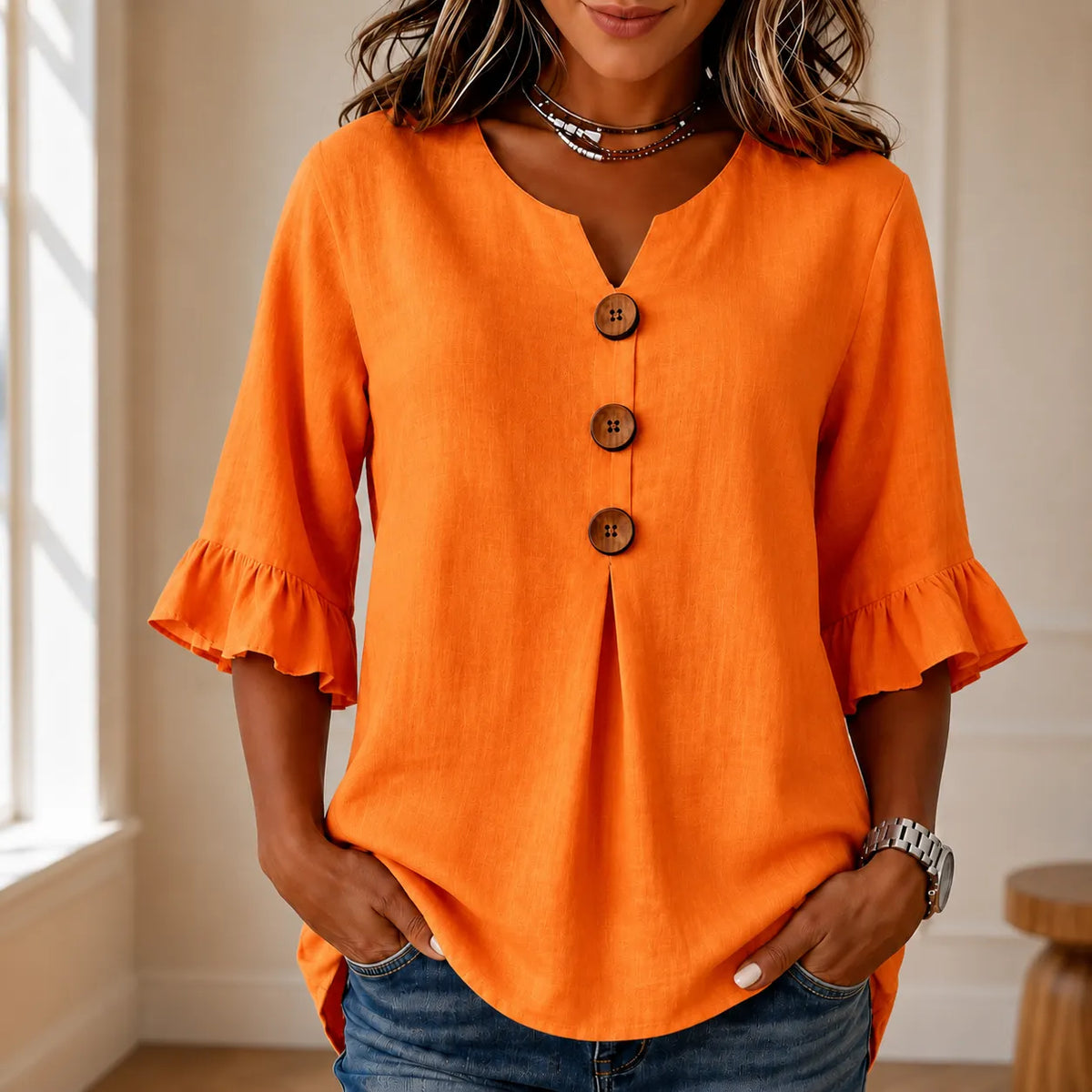 Wearbella - V-Neck Ruffle Sleeve Women's Tunic Top