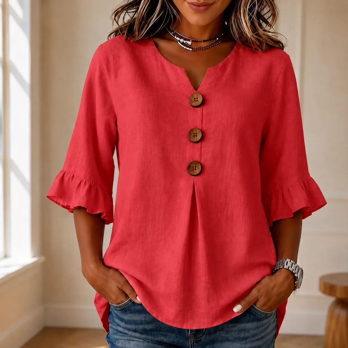 Wearbella - V-Neck Ruffle Sleeve Women's Tunic Top