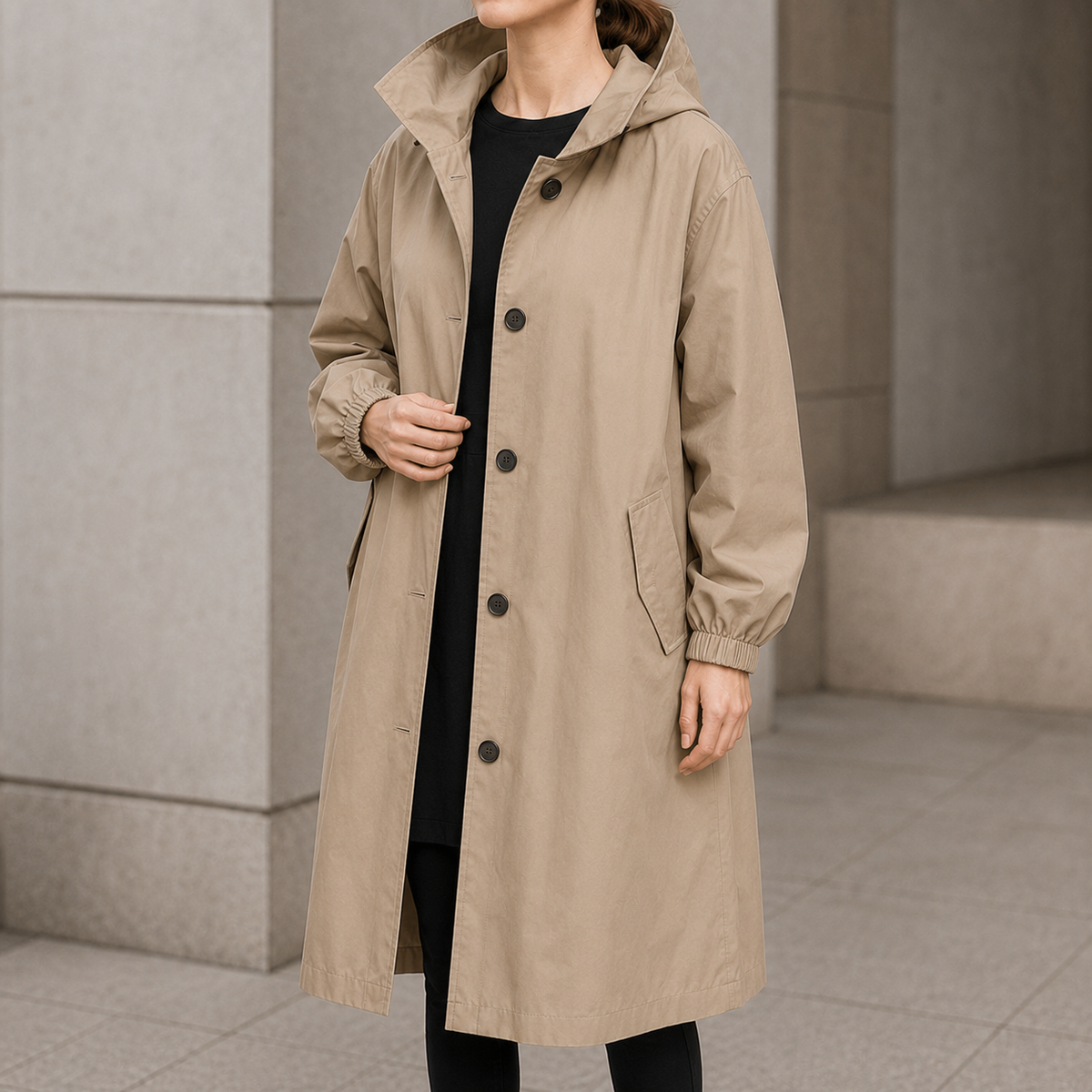 Vielle Hooded Trench Coat - Women's Midi Drawstring Waist