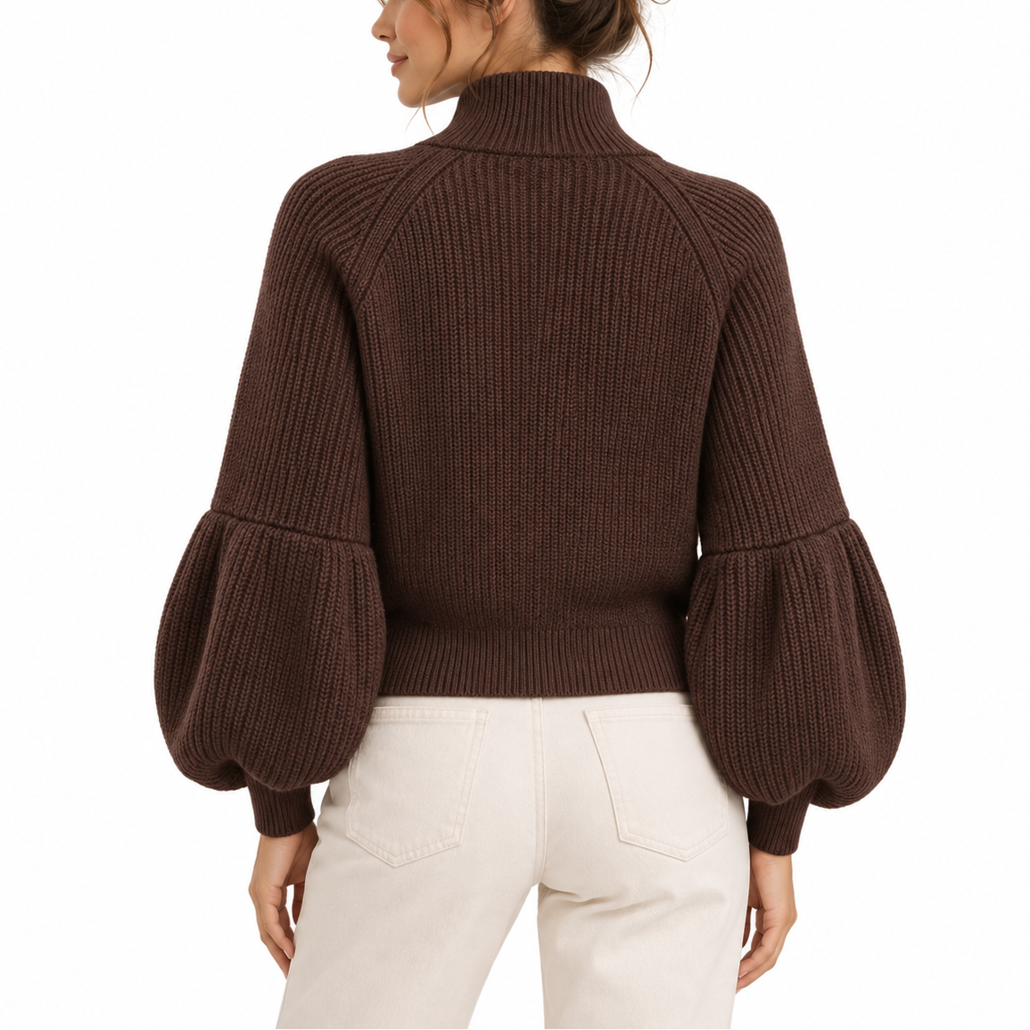 Cropped Knit Cardigan - Puff Sleeve High Collar Women's