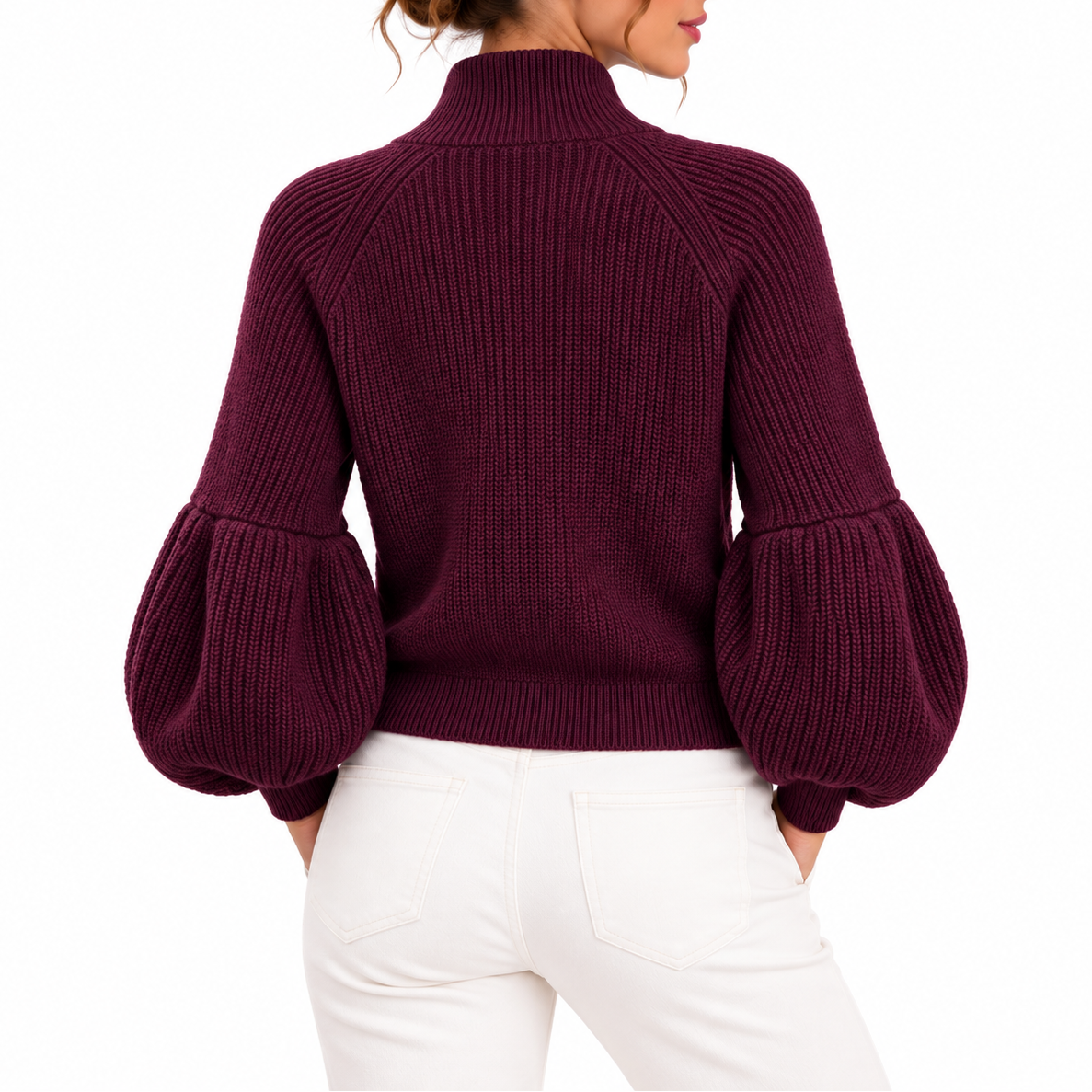 Cropped Knit Cardigan - Puff Sleeve High Collar Women's