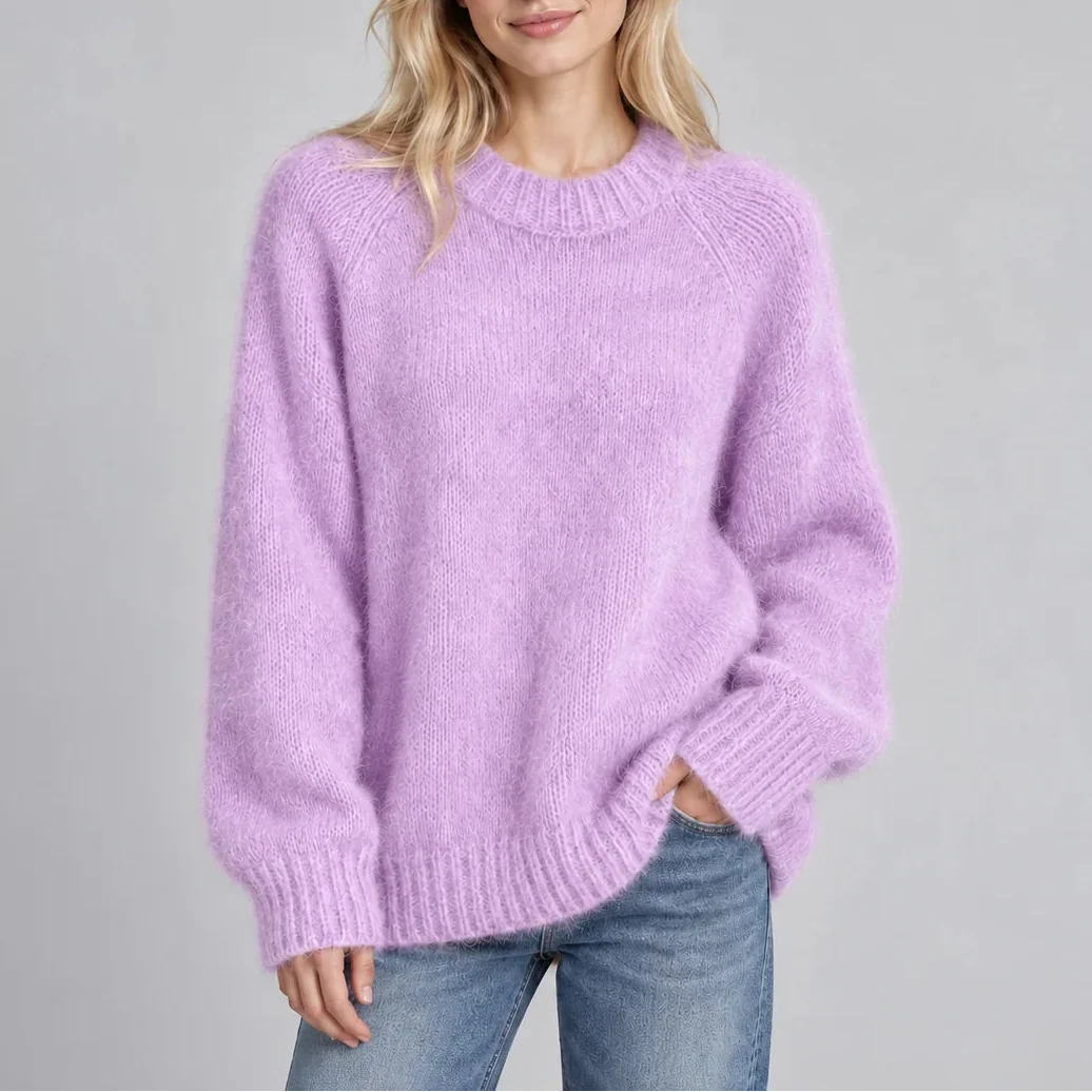 Fluffy Knit Jumper - Relaxed Fit Women's Crew Neck