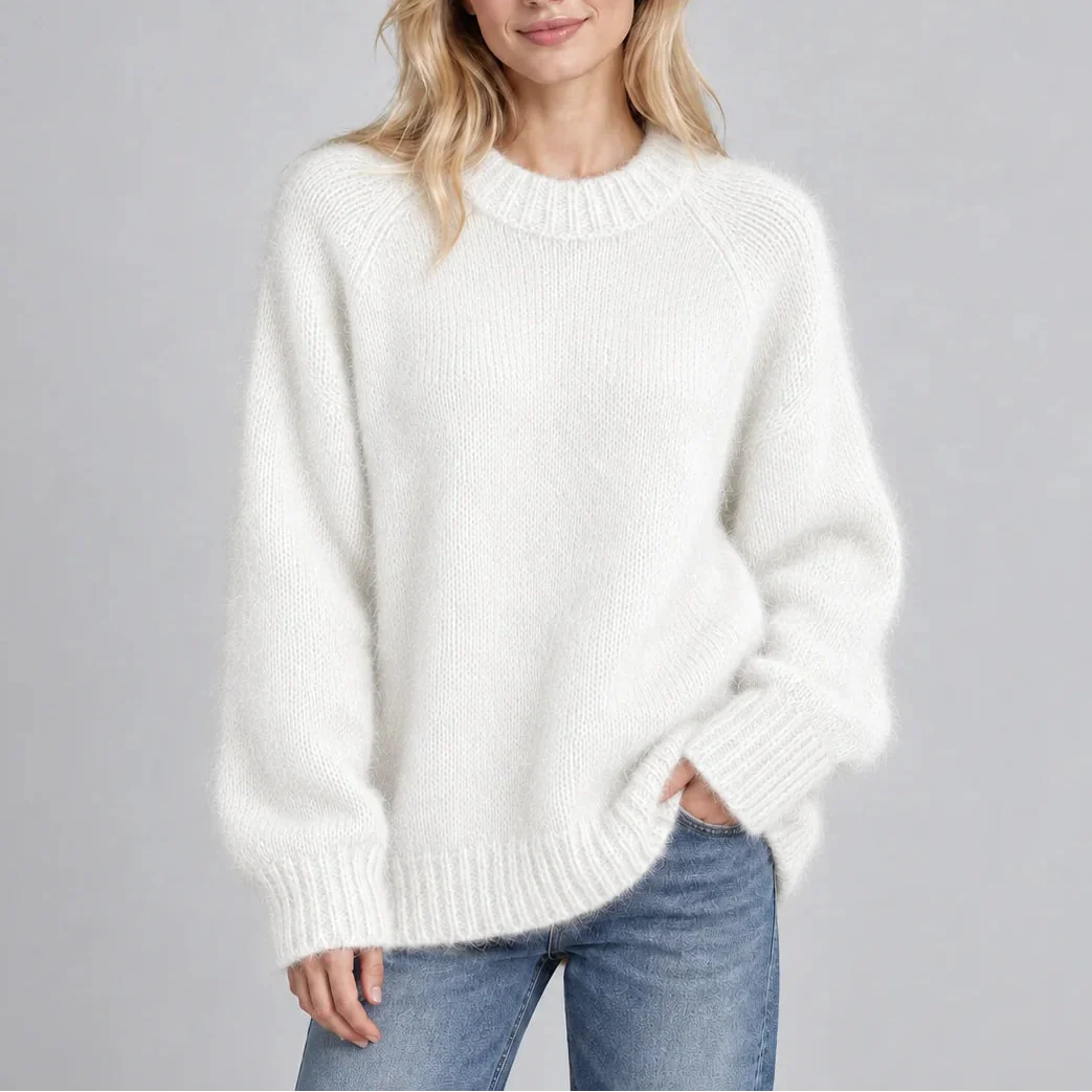 Fluffy Knit Jumper - Relaxed Fit Women's Crew Neck