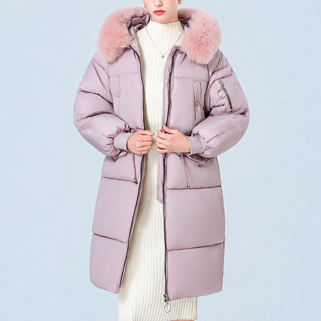 Veluna Padded Winter Coat - Plush Hood Trim Women's Coat