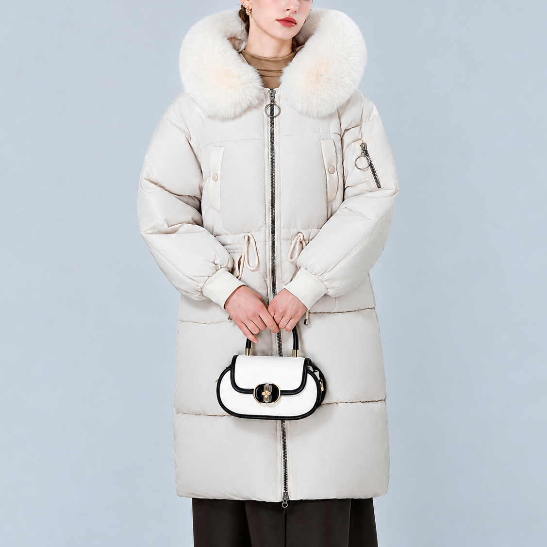 Veluna Padded Winter Coat - Plush Hood Trim Women's Coat