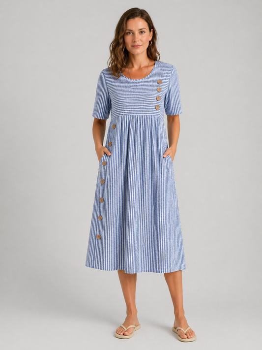Striped Midi Dress - Women's A-Line Dress with Pockets