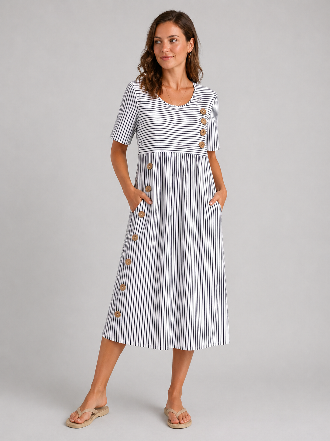 Striped Midi Dress - Women's A-Line Dress with Pockets