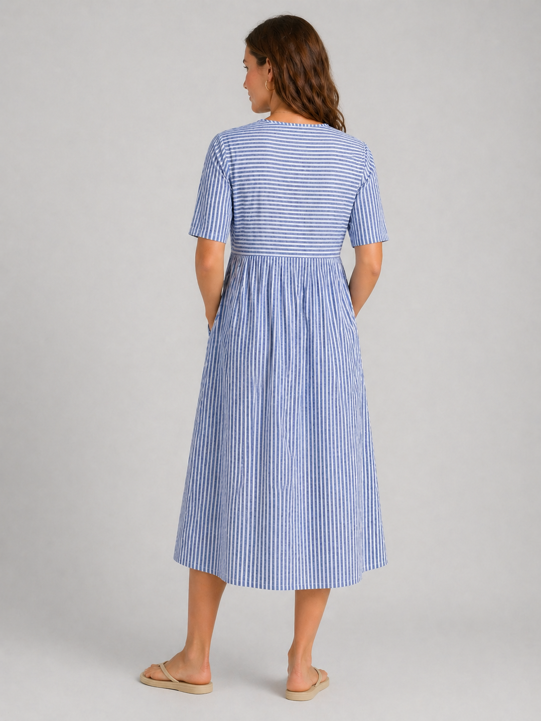 Striped Midi Dress - Women's A-Line Dress with Pockets