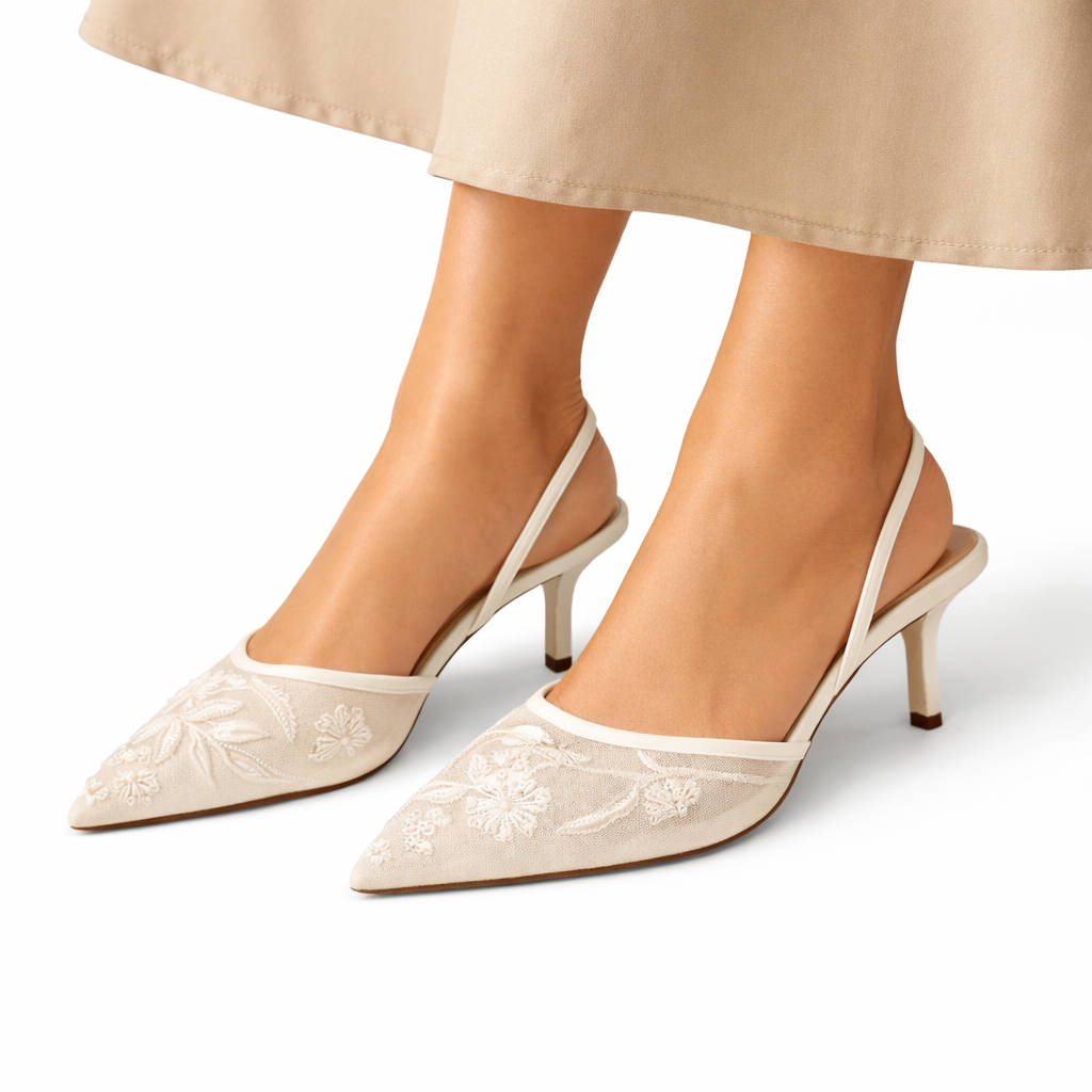 Embroidered Mesh Mule Heels - Women's Pointed Heels