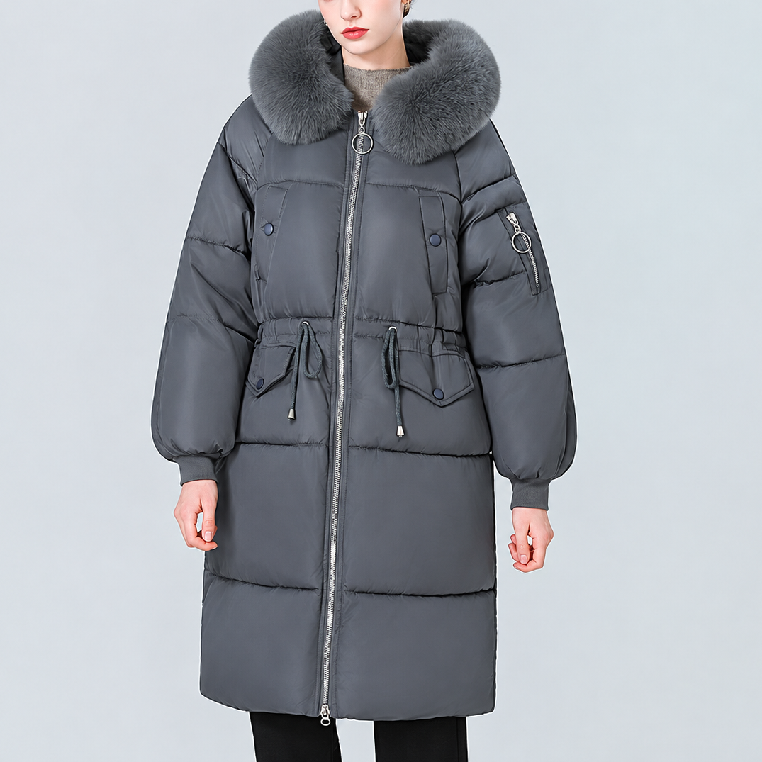 Veluna Padded Winter Coat - Plush Hood Trim Women's Coat