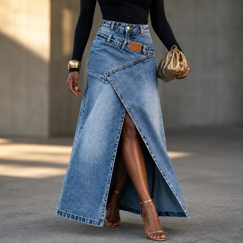 Saviera Denim Maxi Skirt - Women's Asymmetric Slit Skirt