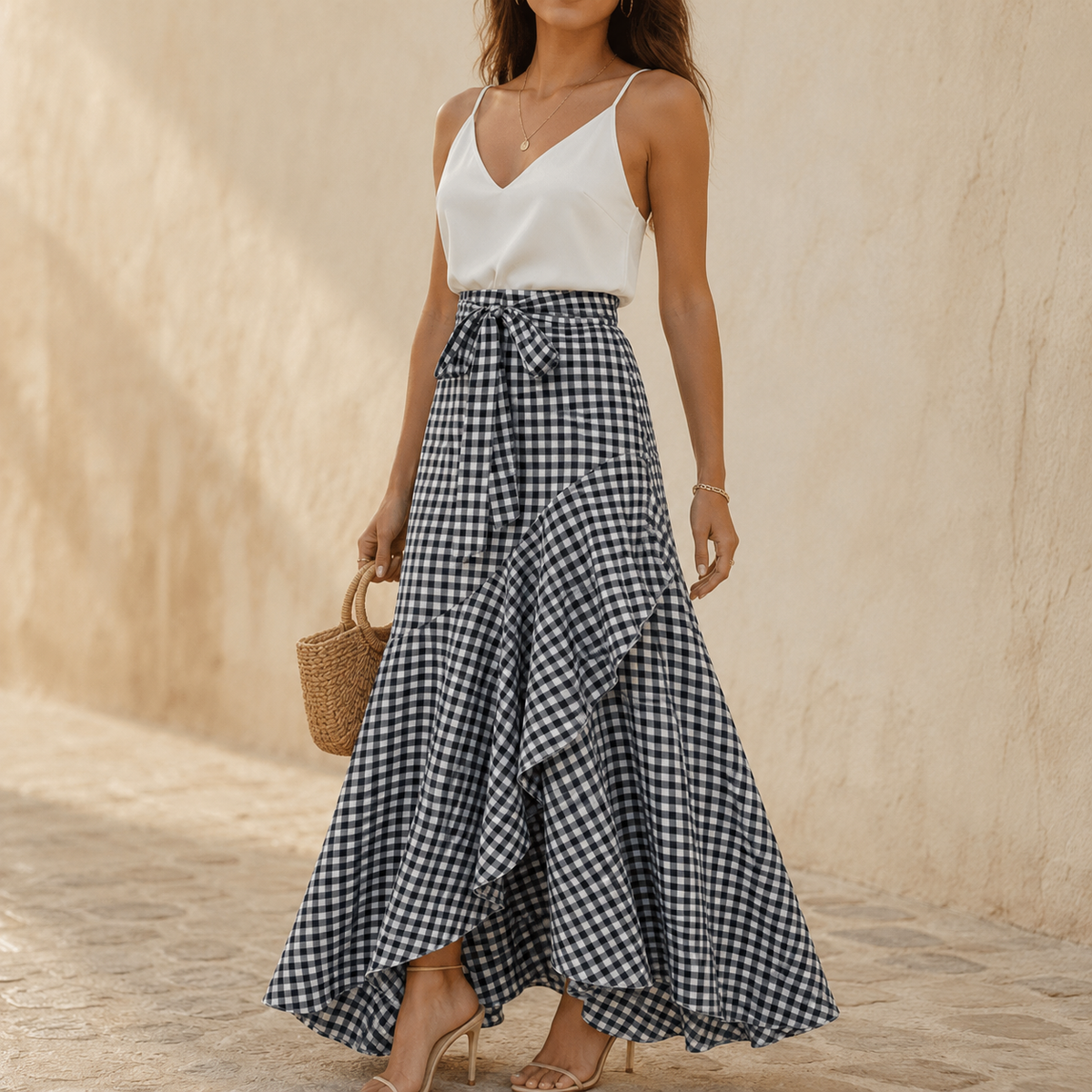 Veluna Gingham Maxi Skirt - Women's Ruffle Maxi Skirt