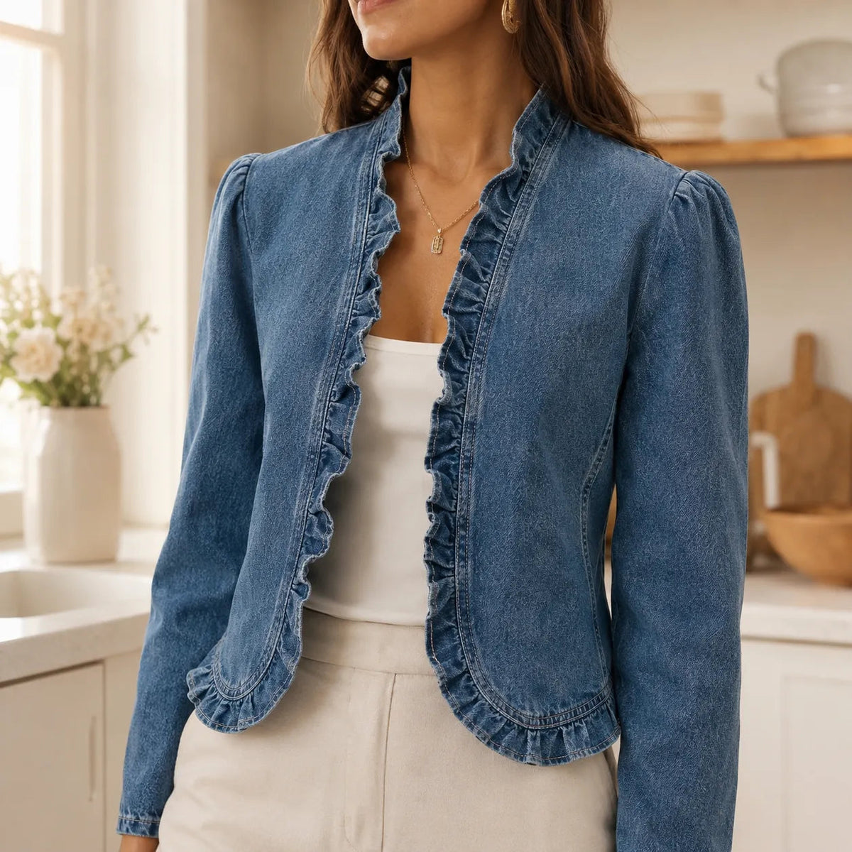 Florelle Ruffle Denim Look Jacket - Women's Open Front Top