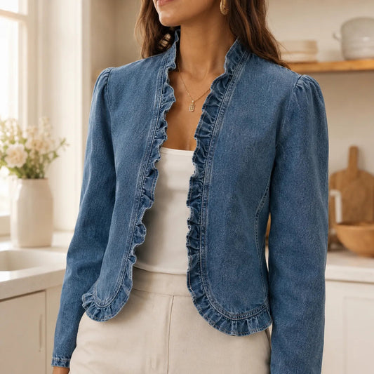Florelle Ruffle Denim Look Jacket - Women's Open Front Top