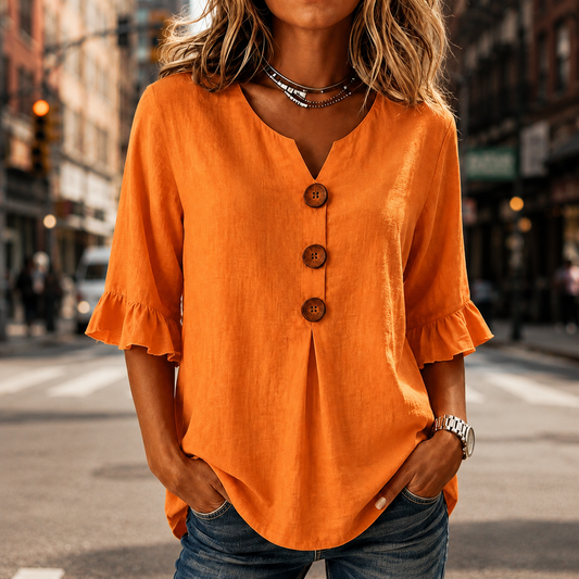 Laurelle - V-Neck Ruffle Sleeve Women's Button Blouse