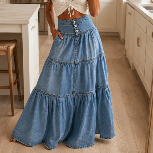 Romella Denim Maxi Skirt - Women's Tiered A-Line Skirt