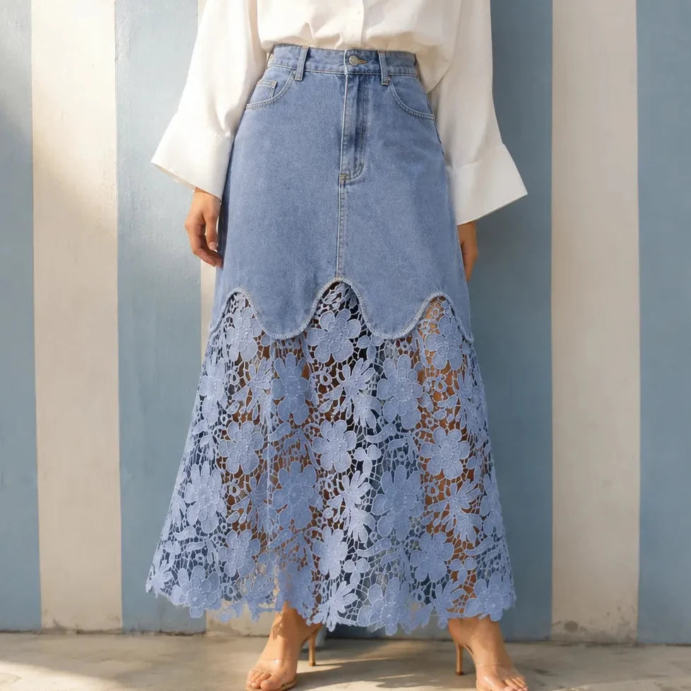 Florenza Lace Hem Skirt - Denim Women's Maxi Skirt