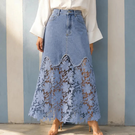 Florenza Lace Hem Skirt - Denim Women's Maxi Skirt