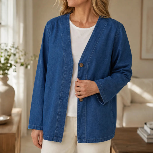 Verelle Collarless Denim Jacket - V-Neck Women's Jacket