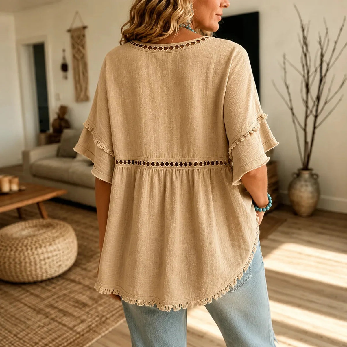 Meloria - Boho Babydoll Top with Eyelet and Fringe Hem