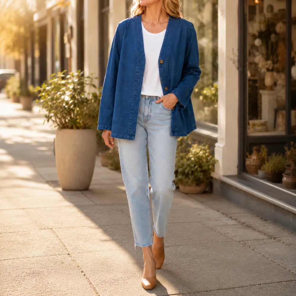 Verelle Collarless Denim Jacket - V-Neck Women's Jacket